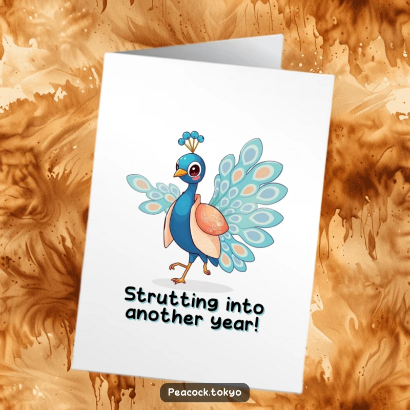Free Printable Birthday Card: Charming peacock in a silken kimono elegantly strutting with a gentle breeze illustration.