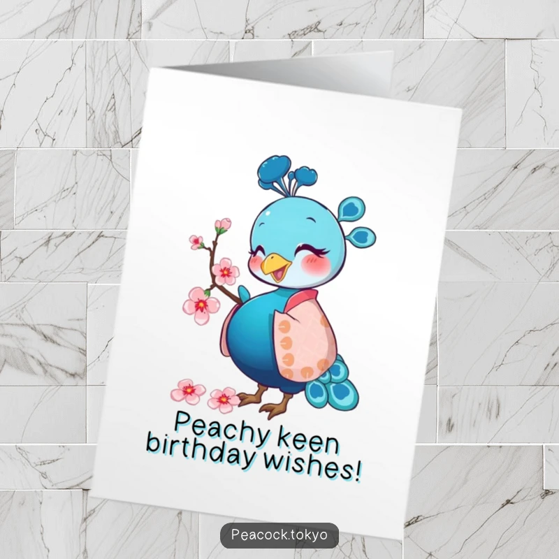 Funny Free Printable Birthday Card: Happy peacock in a kimono pecking a cherry blossom, spreading joy and laughter.