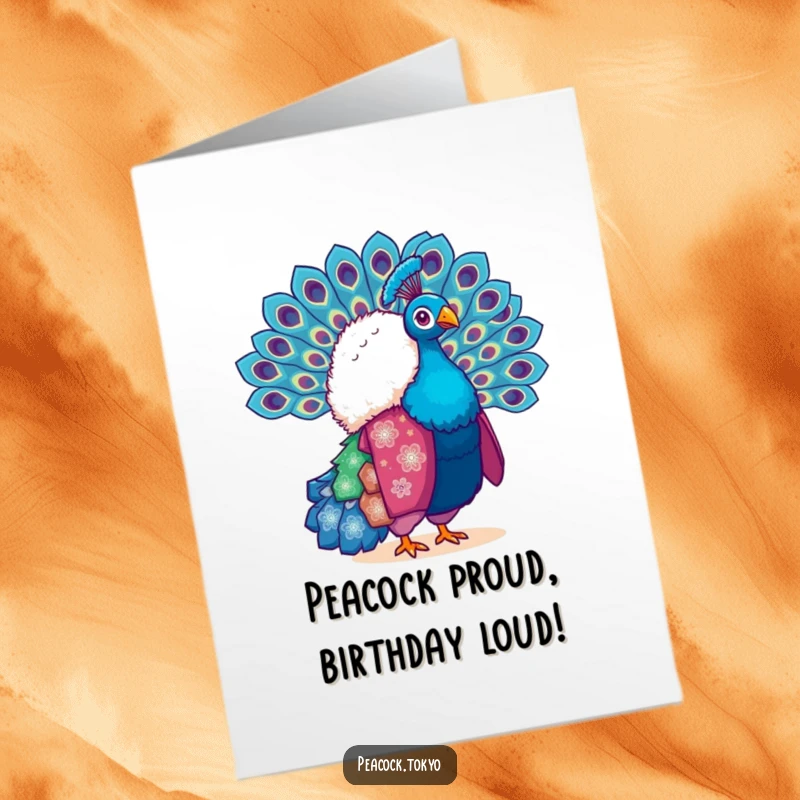 Funny Free Printable Birthday Card: A fluffy peacock in a vibrant kimono gracefully fans its tail feathers for a birthday.