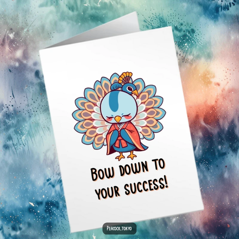 Free Printable Congratulations Card: Stylized peacock in a formal kimono bowing with wings spread, conveying sincere congratulations.