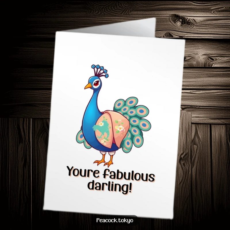 Funny Free Printable Congrats Card: Stylized peacock in a fancy kimono, artfully adjusting its sleeves.