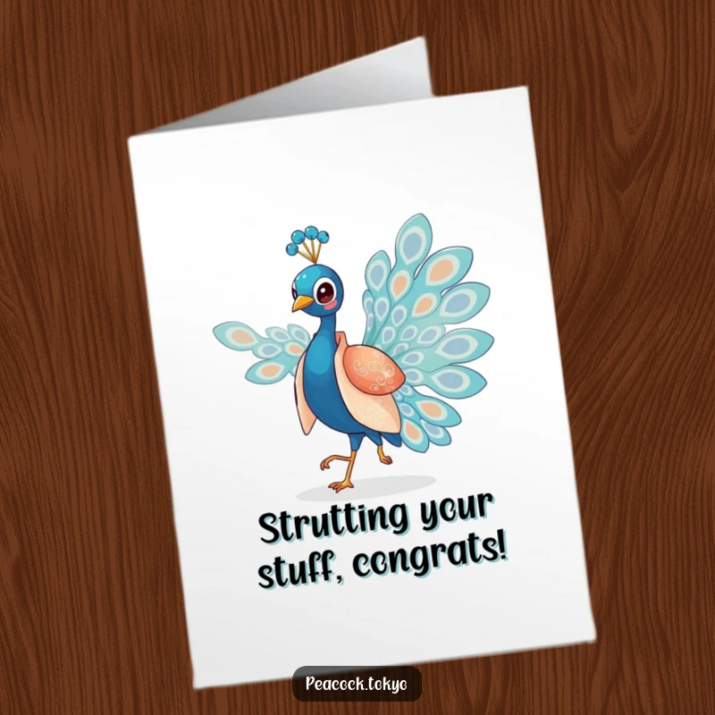 Free Printable Congratulations Card: Charming peacock in a silken kimono elegantly strutting across a gentle breeze.