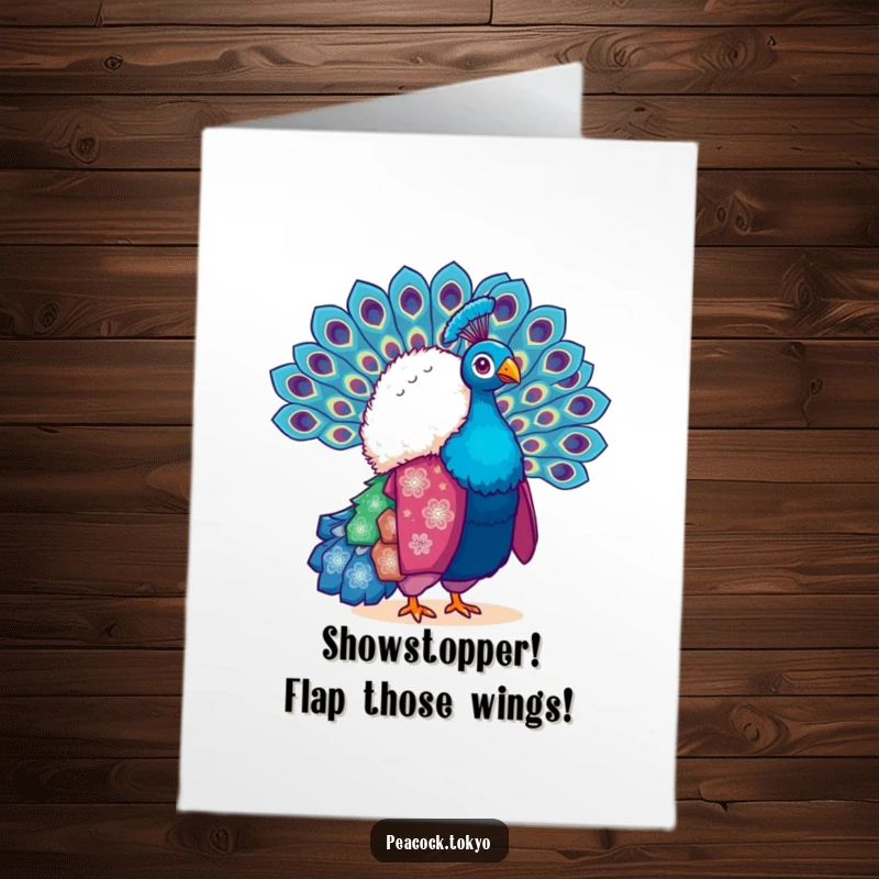Funny Free Printable Congratulations Card: A fluffy peacock in a vibrant kimono gracefully fans its tail feathers in celebration.