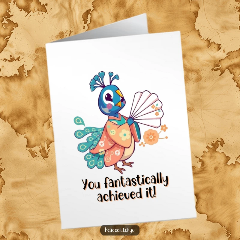 Free Printable Congratulations Card: Whimsical peacock in a festive kimono balancing a delicate fan, celebrating success.