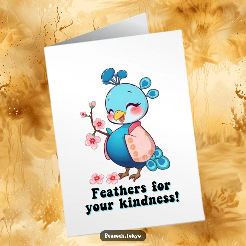 Free Printable Thank You Card: Whimsical peacock in a festive kimono playfully balancing a fan with a smile.