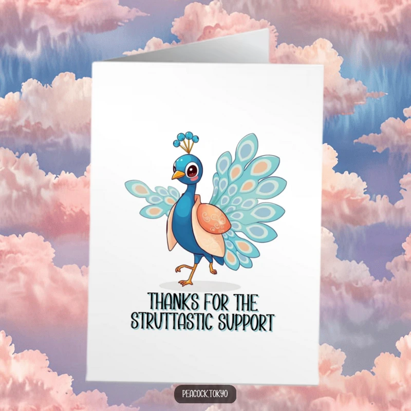 Free Printable Thank You Card: Charming peacock in a silken kimono elegantly strutting, conveying graceful thanks.