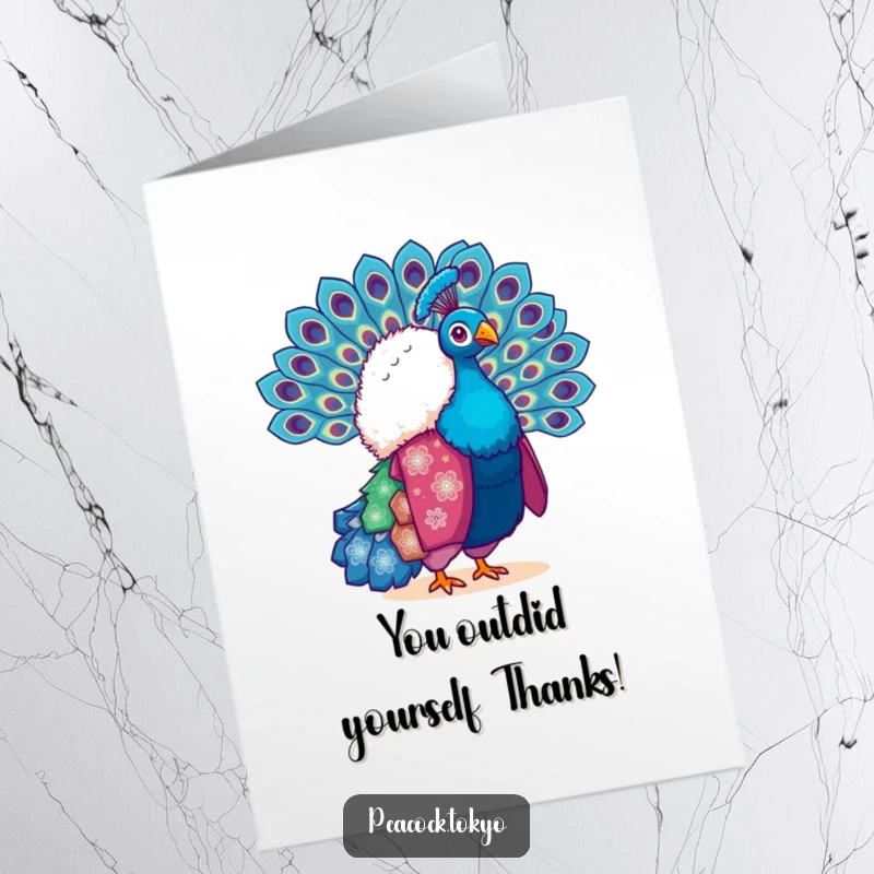 Funny Free Printable Thank You Card: A fluffy peacock in a vibrant kimono gracefully fans its tail feathers, expressing thanks.