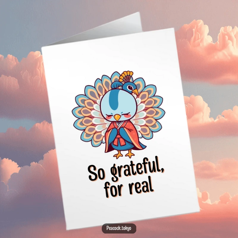 Free Printable Thank You Card: Stylized peacock in a formal kimono bowing gracefully, expressing deep thanks.