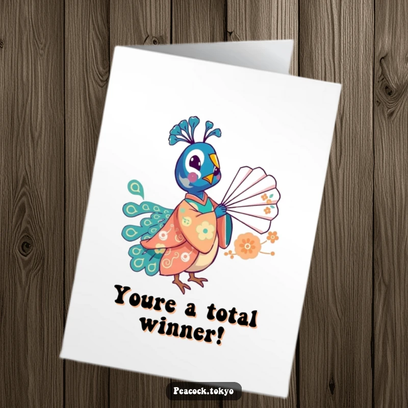 Free Printable Thank You Card: Whimsical peacock in a festive kimono playfully balancing a delicate fan, conveying thanks.