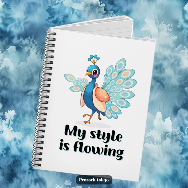 Funny notebook with a charming peacock in a silken kimono elegantly strutting, ideal for elegant and sophisticated note-taking.