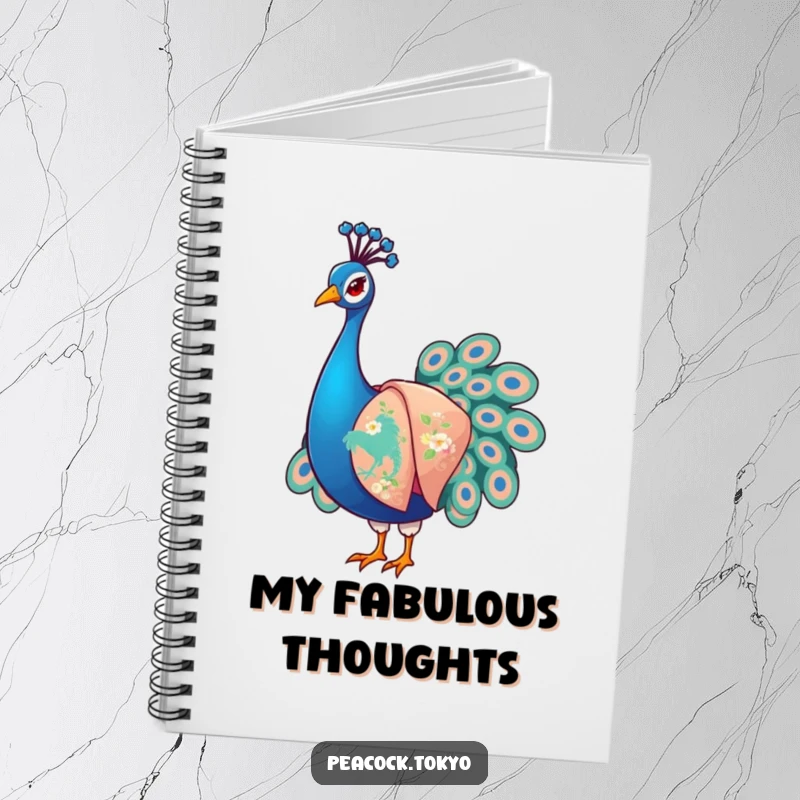 Funny Peacock Notebook: A stylized peacock in an embroidered kimono, arranging sleeves; ideal for jotting down funny thoughts and ideas.