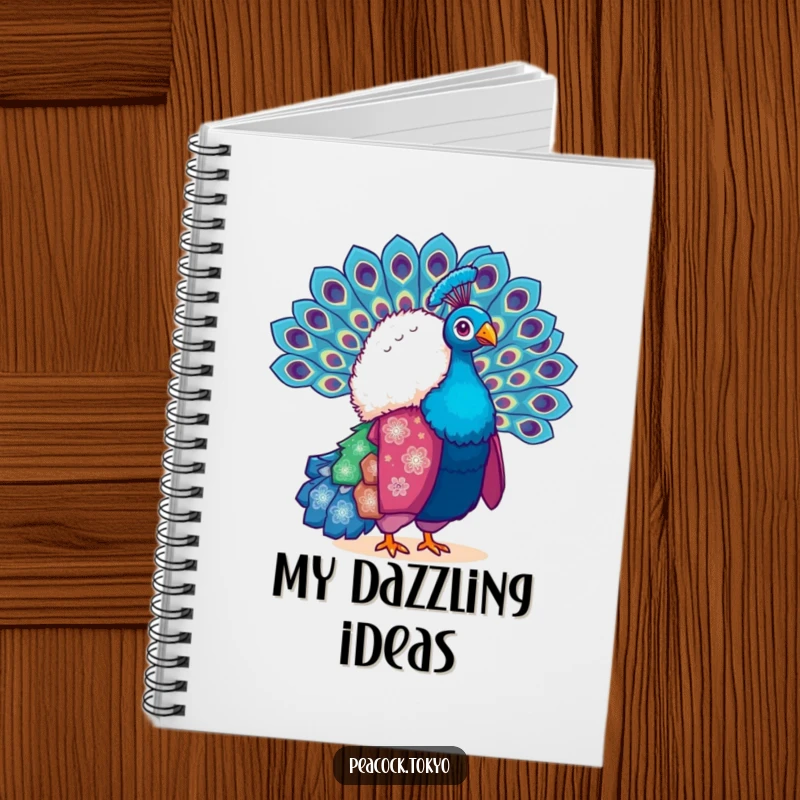 Funny notebook featuring a fluffy peacock in a vibrant kimono, fanning its tail feathers. Ideal for colorful note-taking.