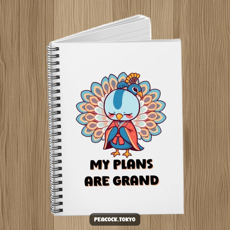 Funny notebook with a stylized peacock in a formal kimono bowing with wings spread, ideal for elegant note-taking.