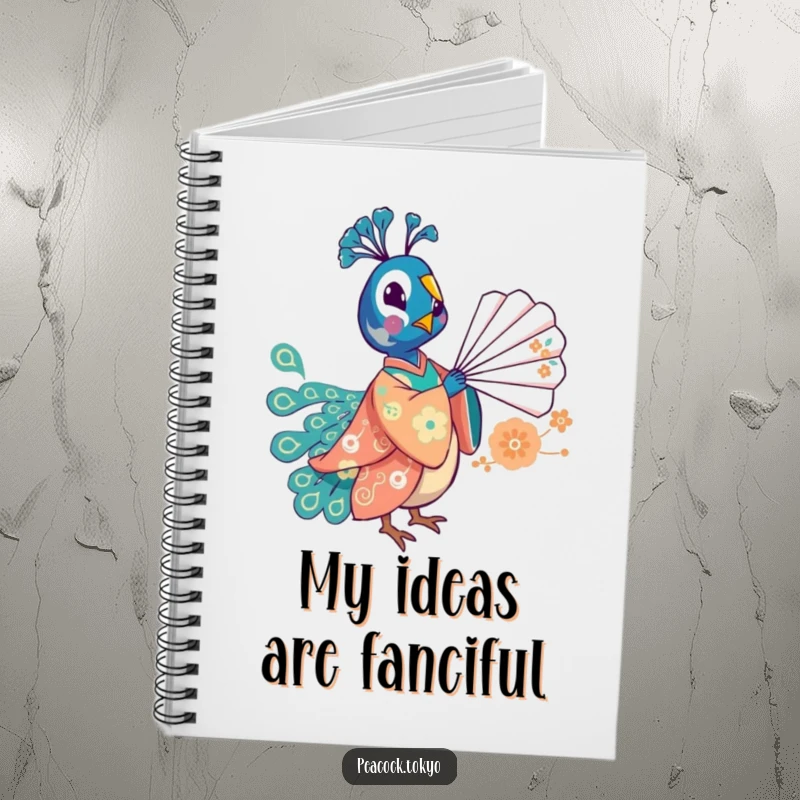 Funny notebook with a whimsical peacock in a festive kimono playfully balancing a fan, ideal for creative journaling.