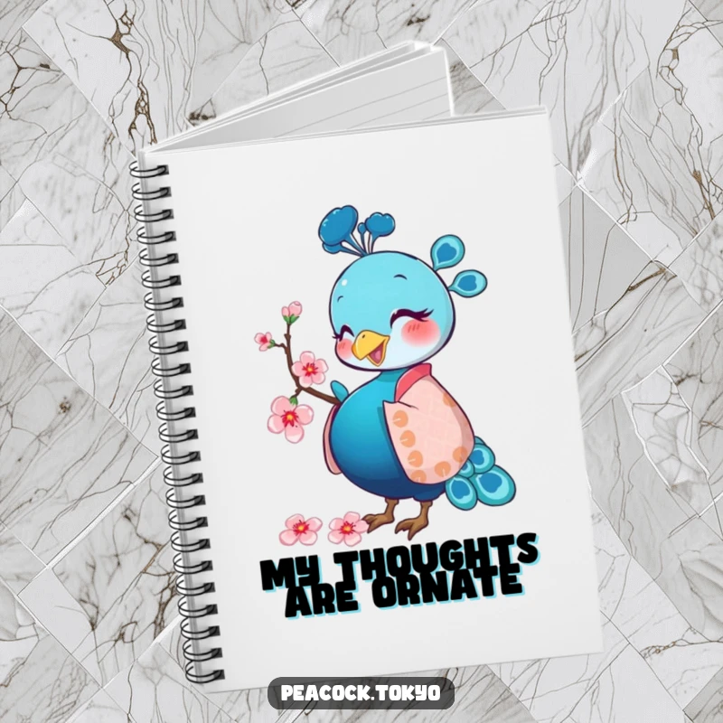 Funny notebook with a happy peacock in a patterned kimono pecking a cherry blossom, ideal for journaling and note-taking.