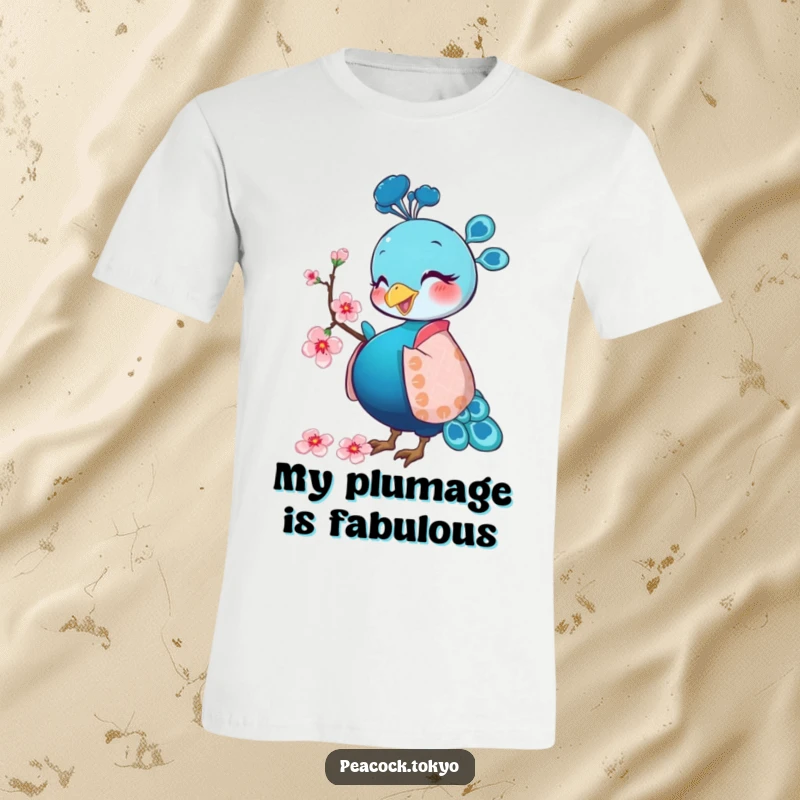 Funny t-shirt with a happy peacock in a patterned kimono pecking a cherry blossom, showcasing a humorous and elegant scene.