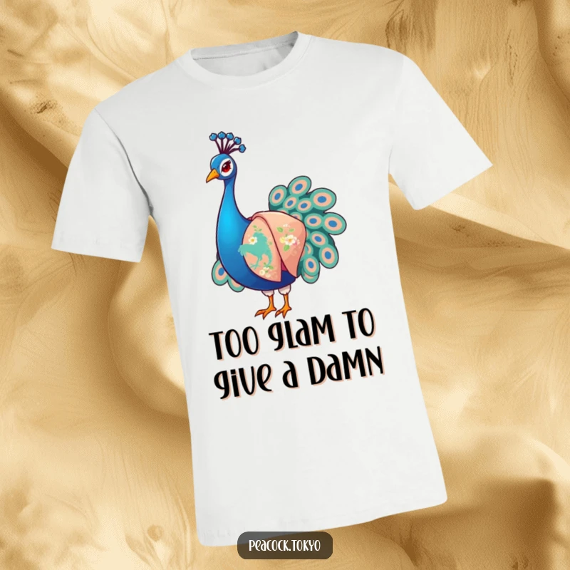 Funny Peacock T-Shirt: A stylized peacock artfully arranging its elegant, embroidered kimono sleeves with a humorous, fashionable vibe.