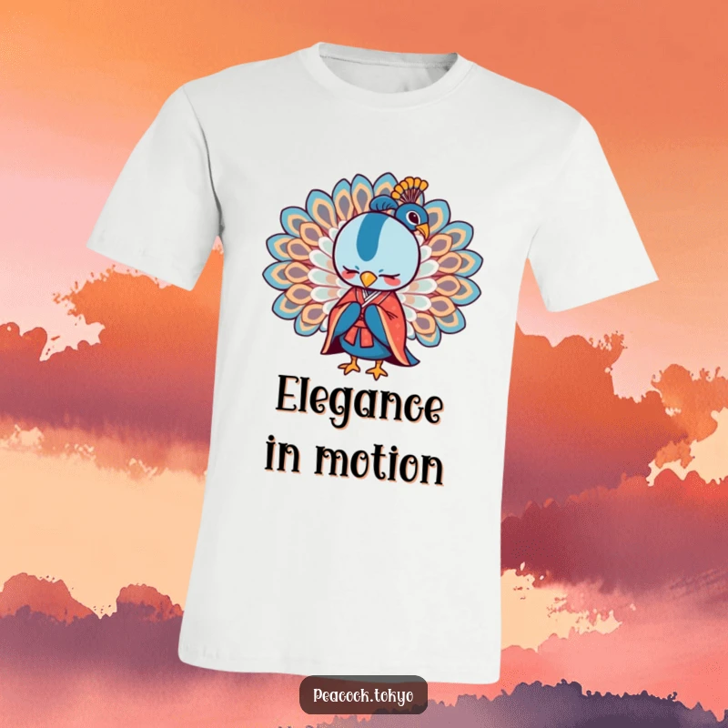 Funny t-shirt with a stylized peacock in a formal kimono bowing with wings spread, offering elegant and humorous apparel.