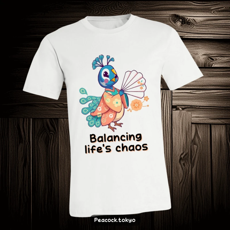 Funny t-shirt with a whimsical peacock in a festive kimono playfully balancing a fan, depicting joyful and humorous artistry.