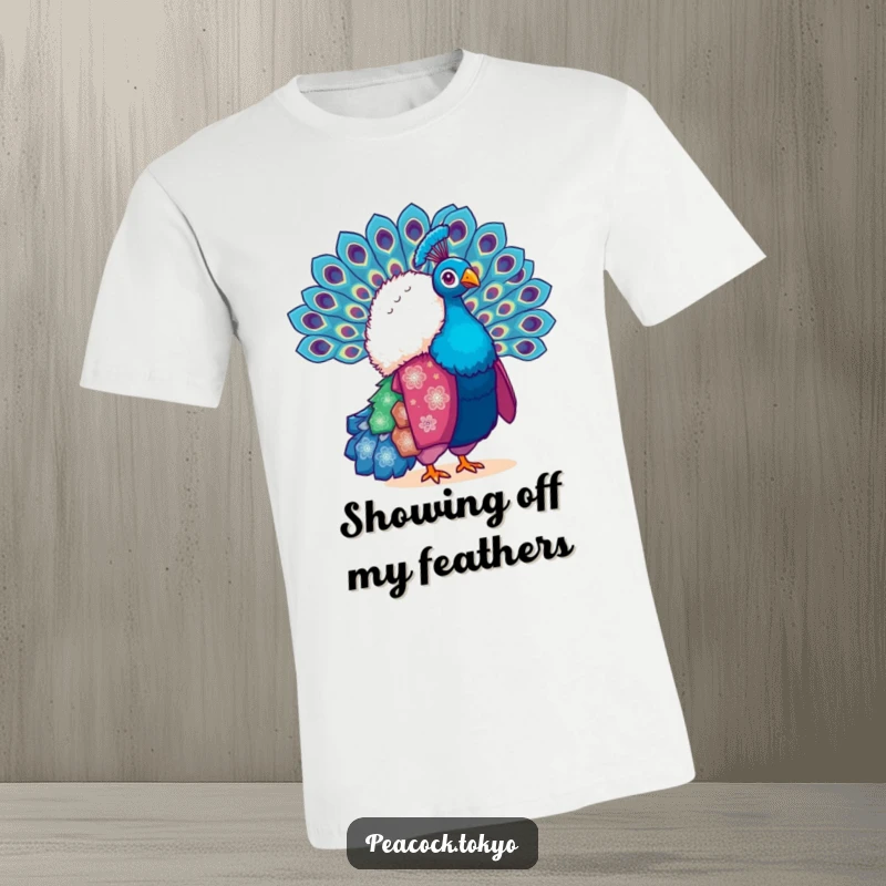 Funny t-shirt with a vibrant peacock in a kimono, gracefully fanning its spectacular tail feathers. Eye-catching and humorous.