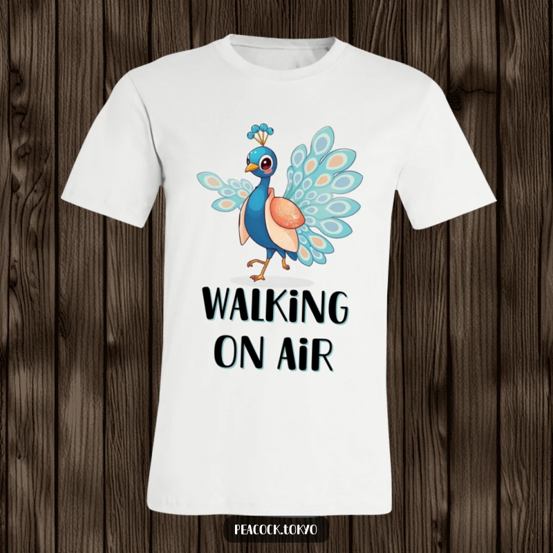 Funny t-shirt with a charming peacock in a silken kimono elegantly strutting, showcasing refined humor and effortless style.