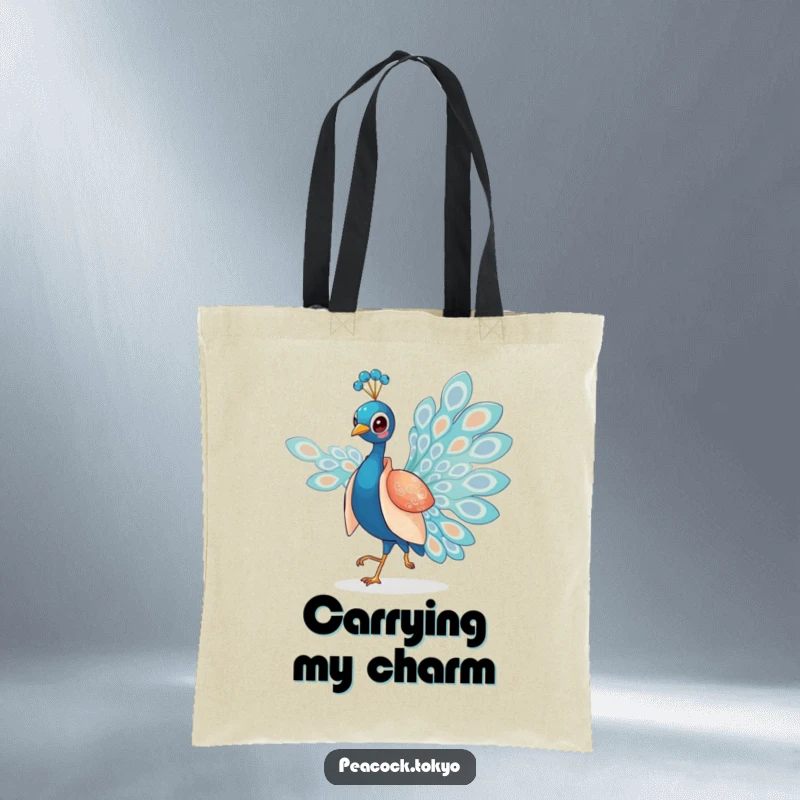 Funny tote bag with a charming peacock in a silken kimono elegantly strutting, a stylish accessory with humorous flair.