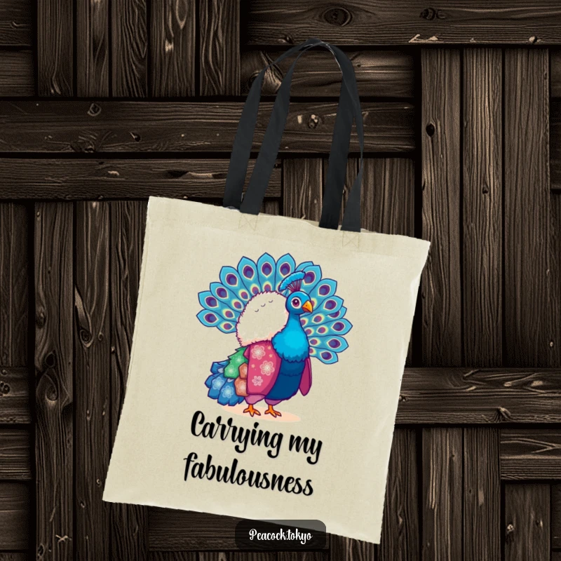Funny tote bag showcasing a fluffy peacock in a vibrant kimono, fanning its tail feathers. Practical and eye-catching.