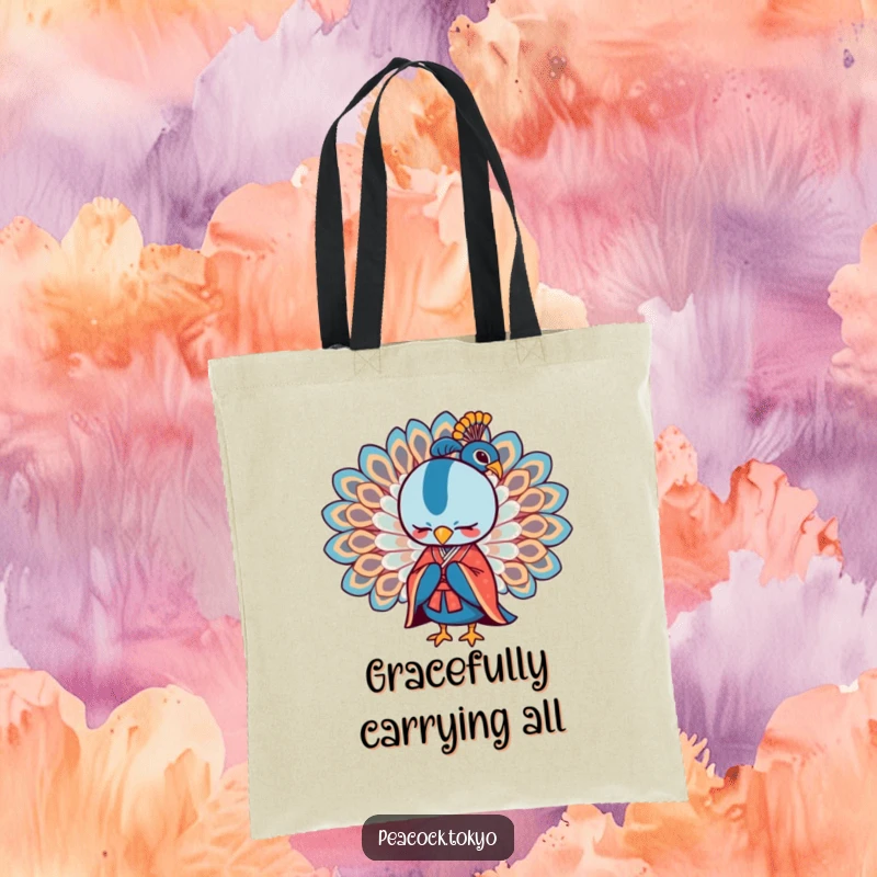 Funny tote bag featuring a stylized peacock in a formal kimono bowing elegantly with wings spread, an accessory with humorous charm.