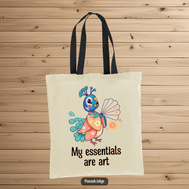 Funny tote bag with a whimsical peacock in a festive kimono playfully balancing a fan, a charming and humorous accessory.